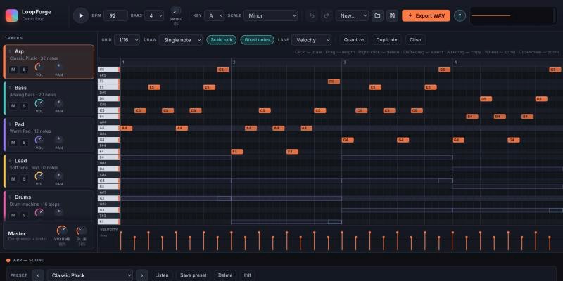 LoopForge — писти, синтезатори и piano roll