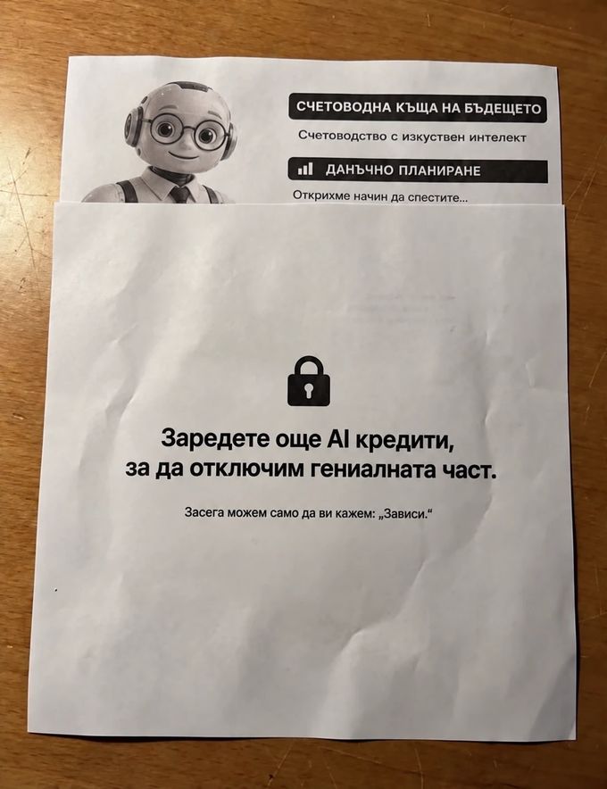A flyer reading “Accounting firm of the future – AI-powered accounting. Tax planning: we found a way for you to save…”, covered by a sheet saying “Top up your AI credits so we can unlock the genius part. For now, all we can tell you is: ‘It depends.’”